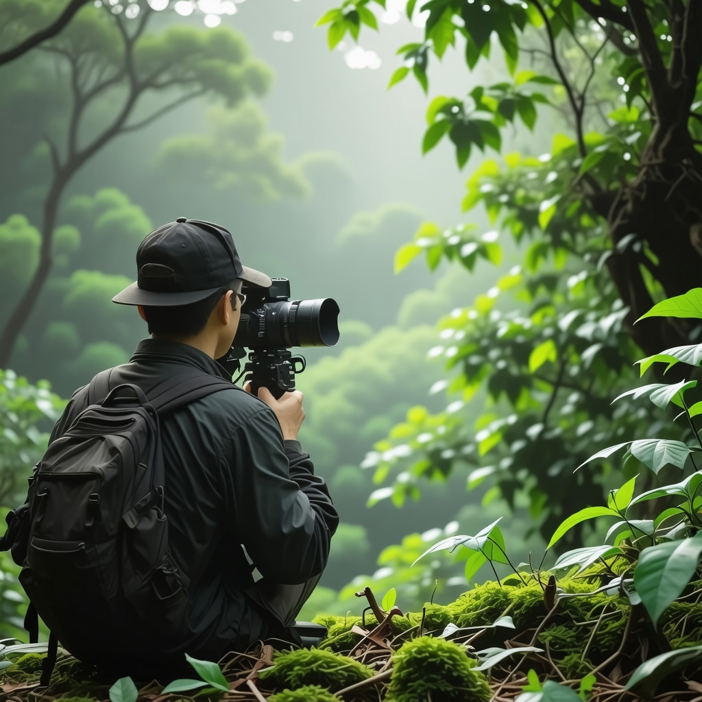 Birder recording bird calls with equipment in the lush forest of Tara National Park