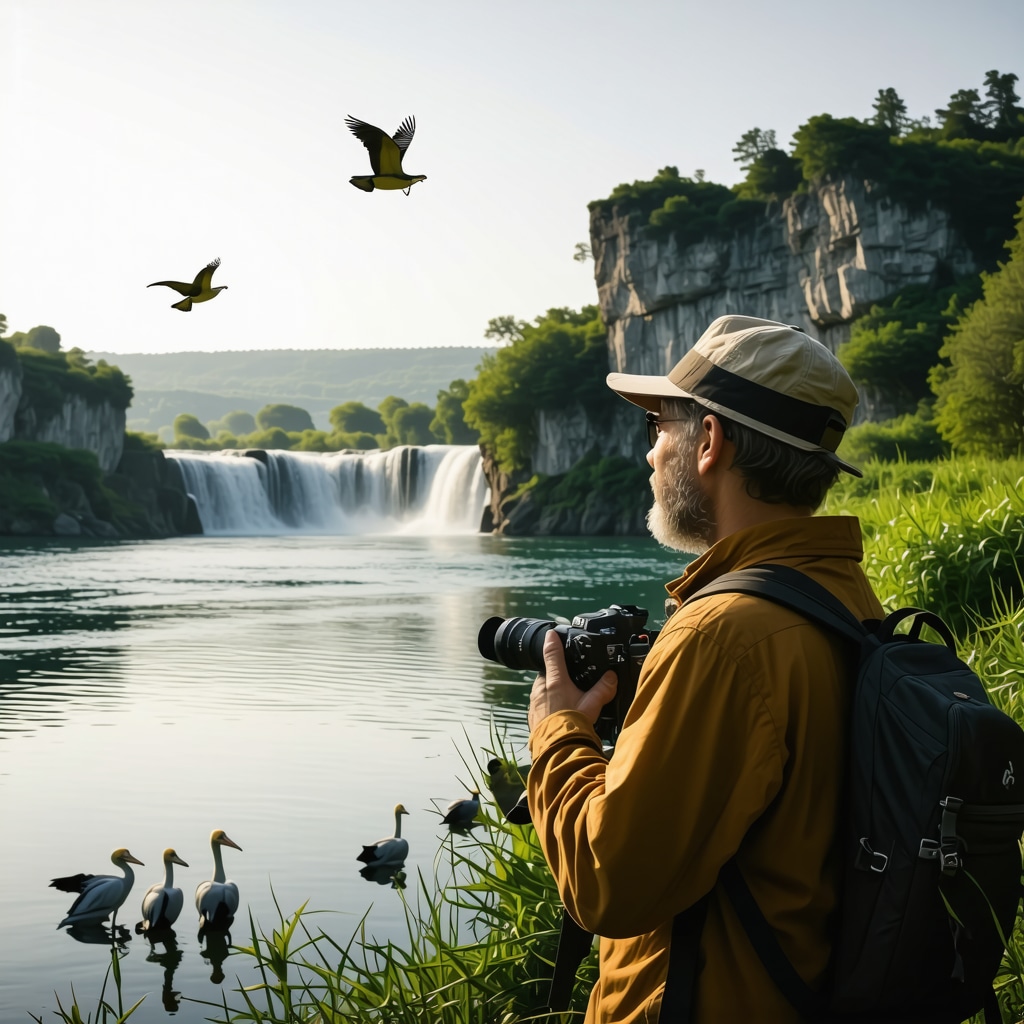 Birder with binoculars and camera observing pelicans at Krka National Park with waterfalls in the background at dawn