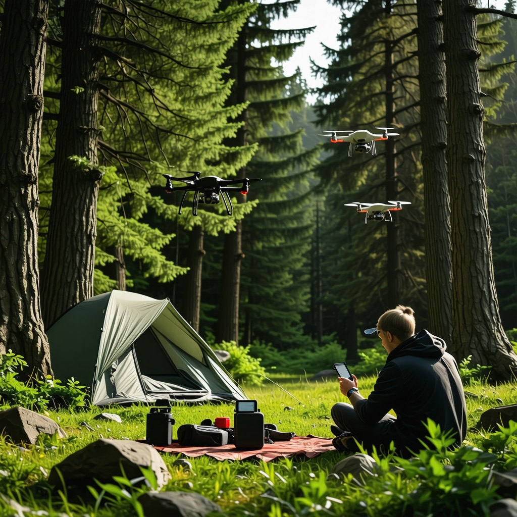 Camping scene in Tutin with modern technology like GPS, drones, and smartphone applications