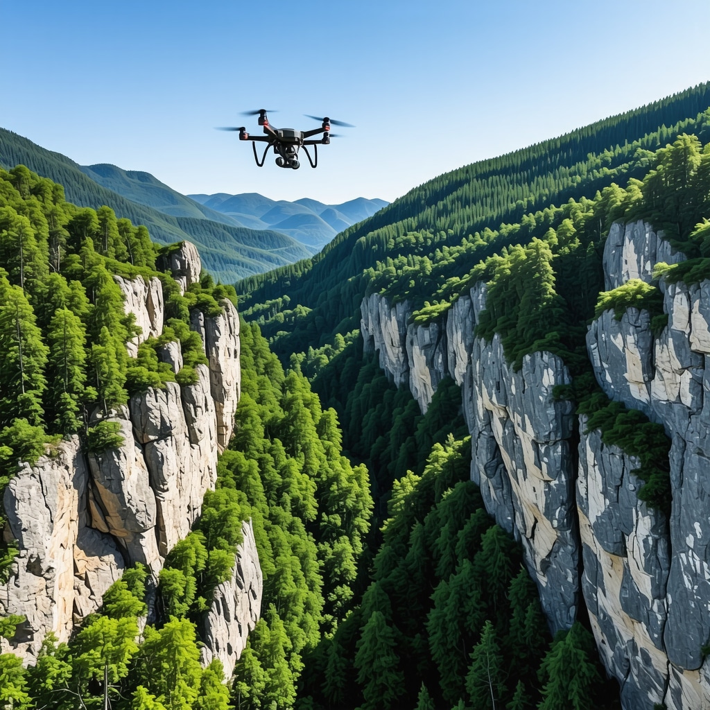 Drones flying over Matka Canyon with ecological sensors and hikers using GPS devices
