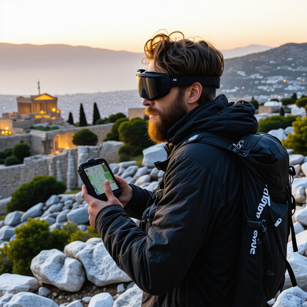 Experienced hiker navigating a rocky trail with GPS and AR glasses in Athens with ancient ruins and sunset panorama