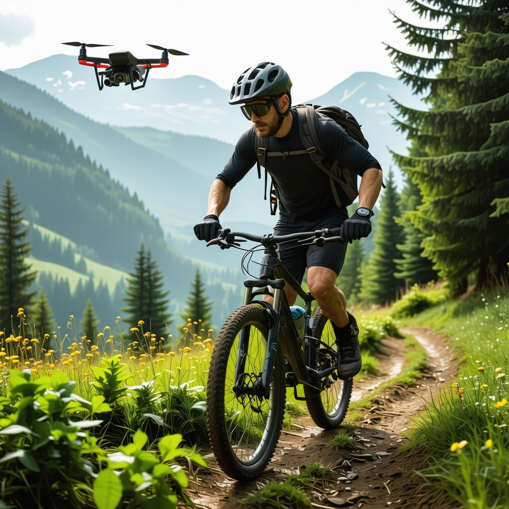 Mountain biker equipped with GPS and biometric sensors riding on Borovets mountain trails with drones monitoring safety