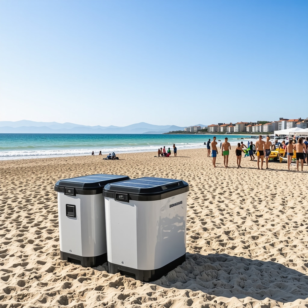 Mamaia beach featuring solar-powered waste bins and environmental sensors illustrating sustainable tourism technology