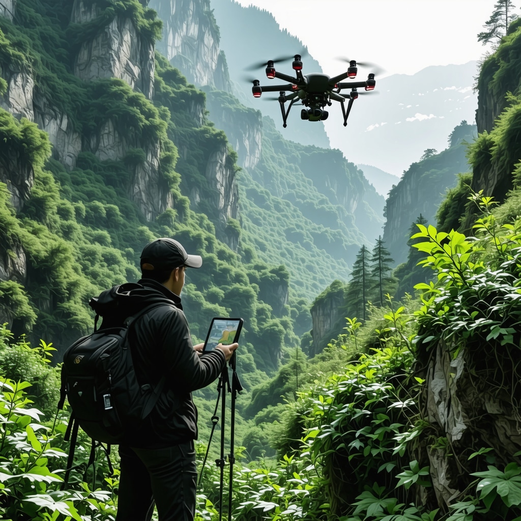 Hiker using GPS device with drone in Rugova Canyon's rugged terrain and lush environment