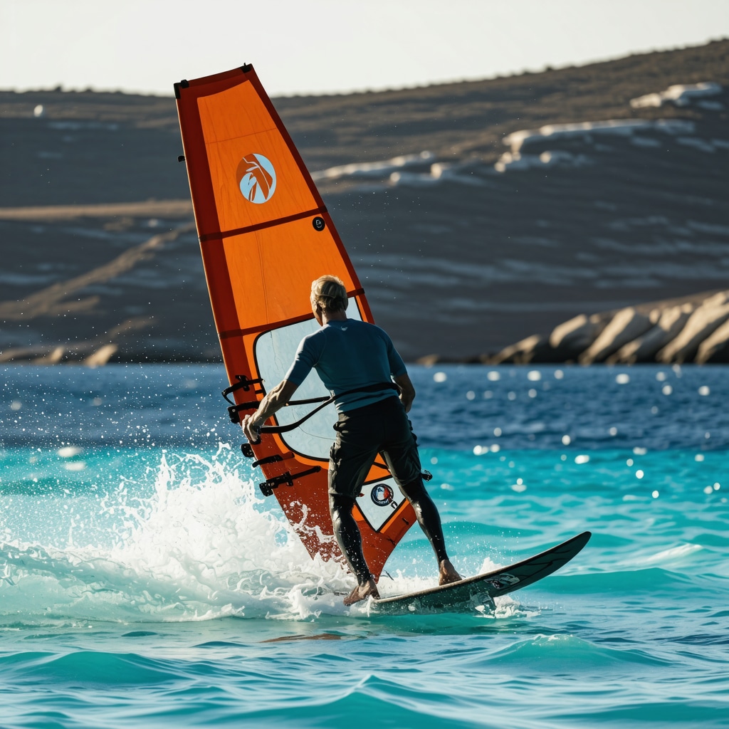 An athlete windsurfing with advanced equipment on Kalafatis Beach surrounded by pristine waters and eco-friendly nature