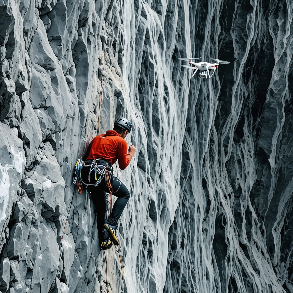 Aerial image of Rugova Canyon featuring technical climbing routes and drone monitoring for safety