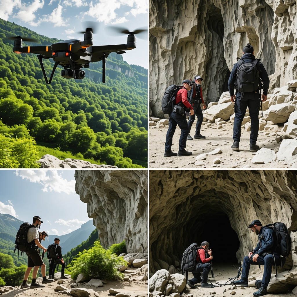 Drone flying over Matka Canyon's forest, hikers with AR guides, and cave divers at Vrelo Cave entrance