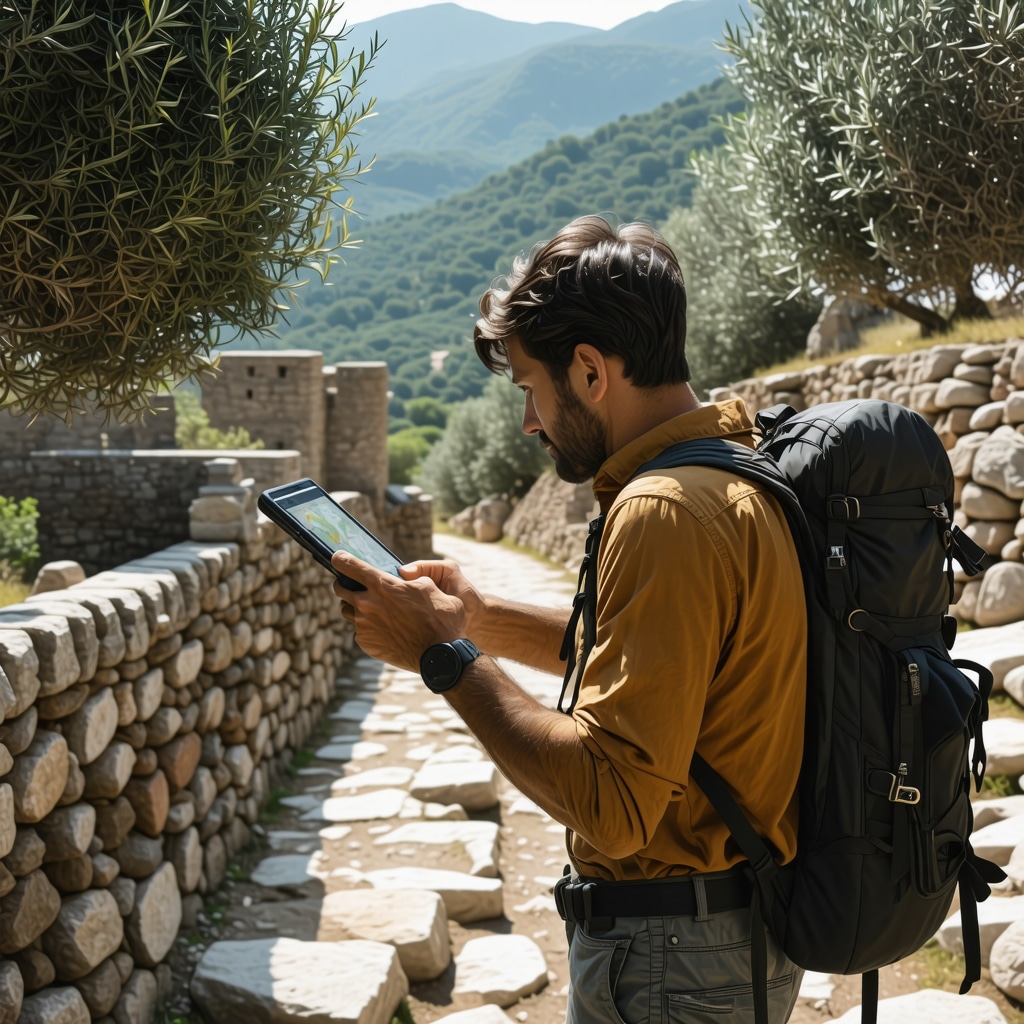 Hiker navigating rocky trail near Kruja Castle using GPS and topographic map in Mediterranean landscape