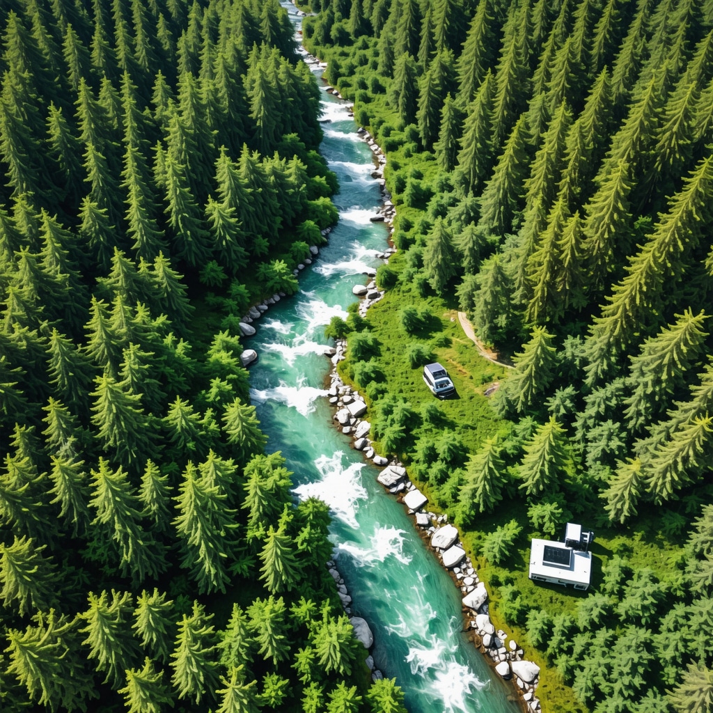 Drone aerial image showing Osum River canyon and forest with conservation researchers in Berat, Albania