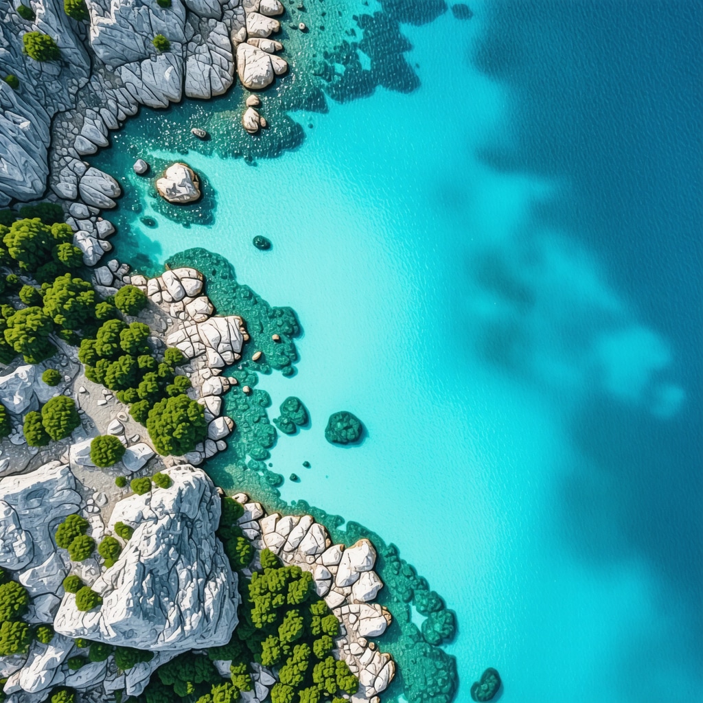 Drone aerial photo showing Herceg Novi's pristine coves with data visualization of ecological monitoring
