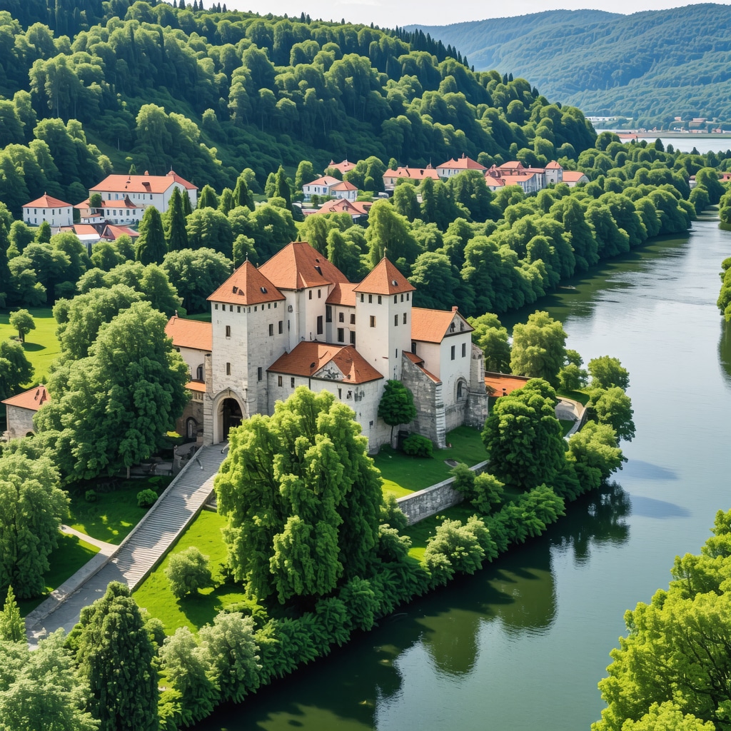 Aerial image of Kastel Castle on the Vrbas River with tourists using AR devices amidst lush greenery