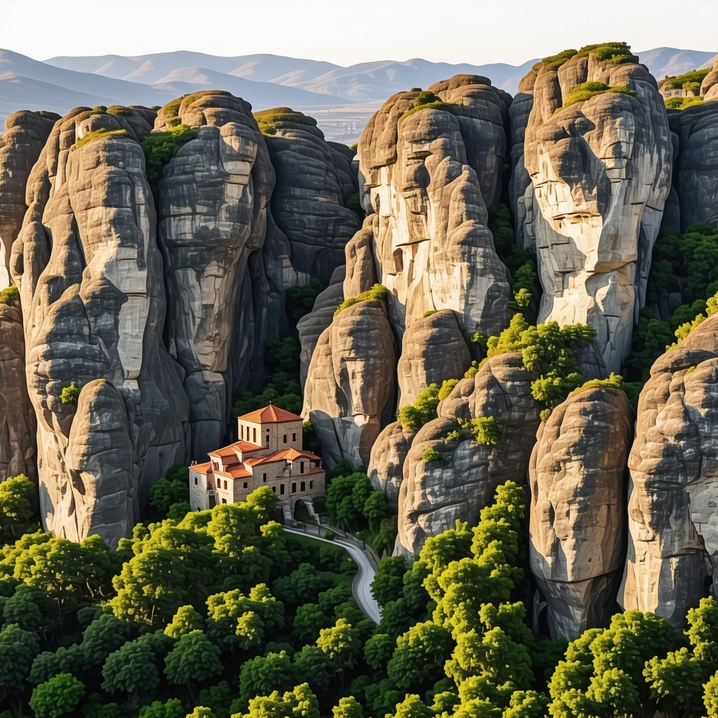 Sunrise aerial photograph capturing Meteora's rock pillars and historic monasteries surrounded by greenery