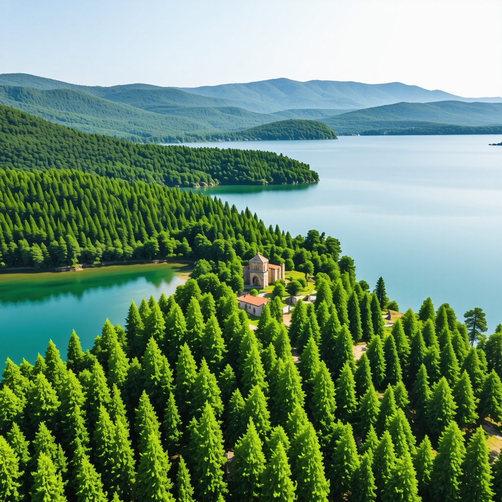 Mljet Island aerial view with saltwater lakes and historic Benedictine monastery surrounded by dense forest