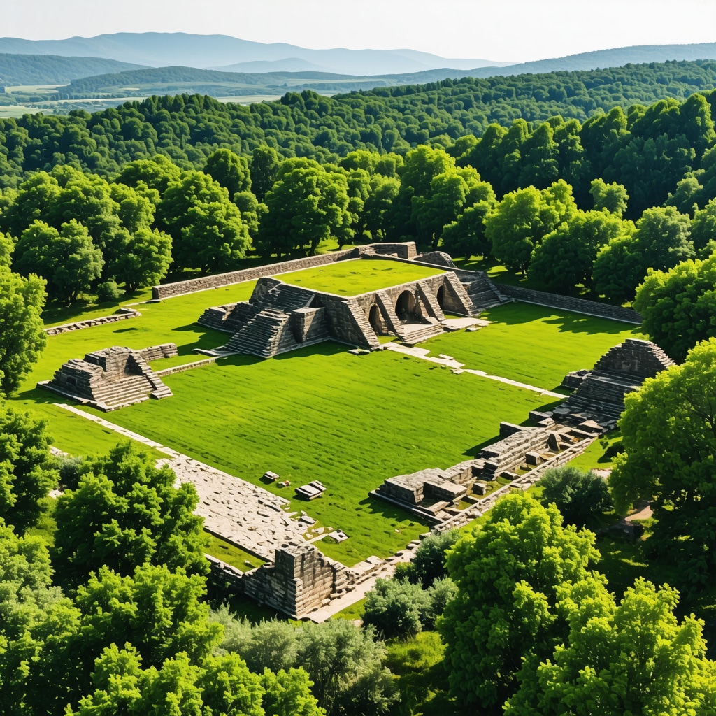 Aerial photo showing Stobi ancient ruins with surrounding green forests and hills