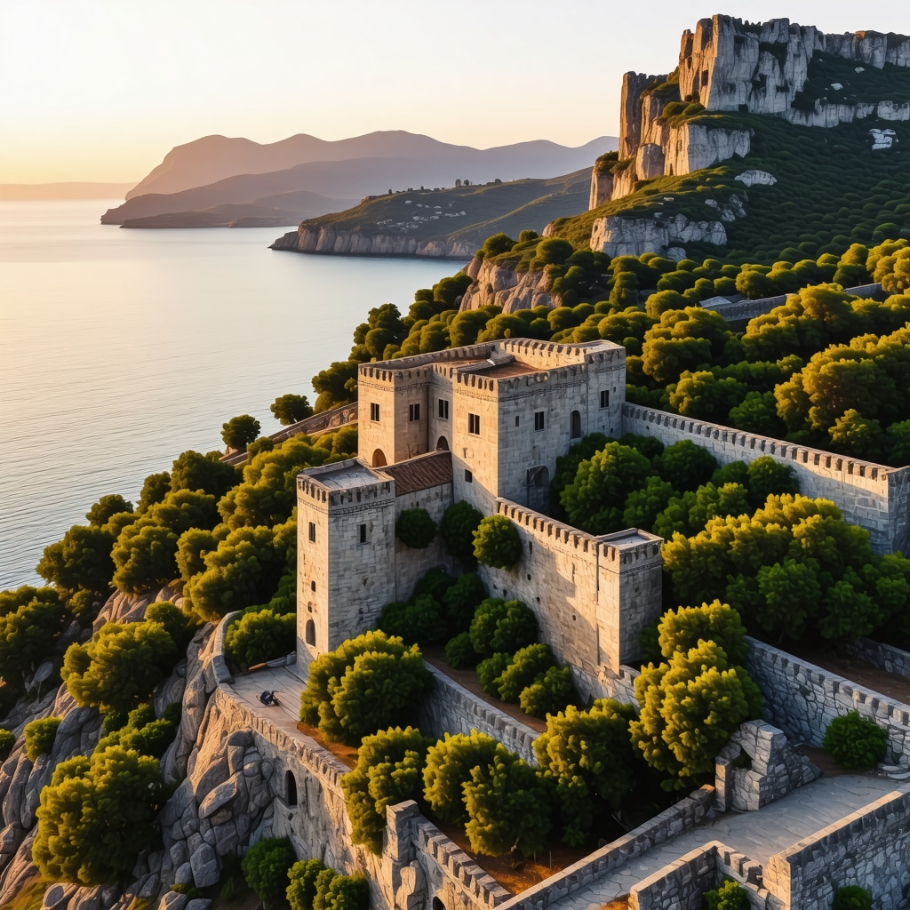Drone image showing Nafplio Castle's architecture and surrounding natural coastline with Mediterranean vegetation and sea