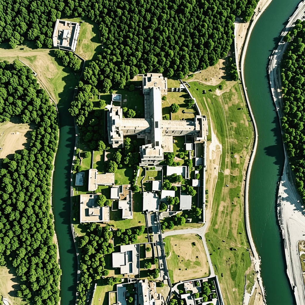 Drone aerial image illustrating Golubac Castle, Danube River, natural vegetation and GIS mapping overlays