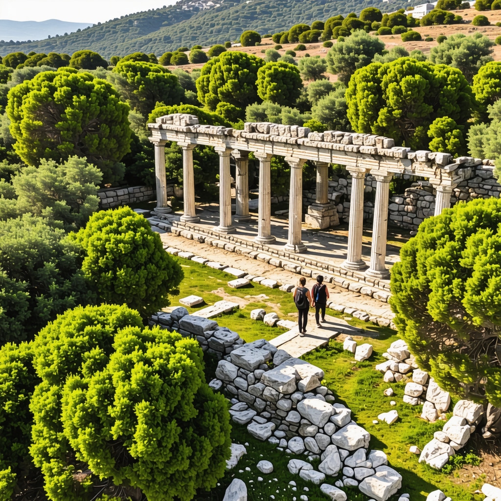 Panoramic drone image showing Apollonia Antik Kenti ruins amidst green Mediterranean landscape with visitors walking on trails