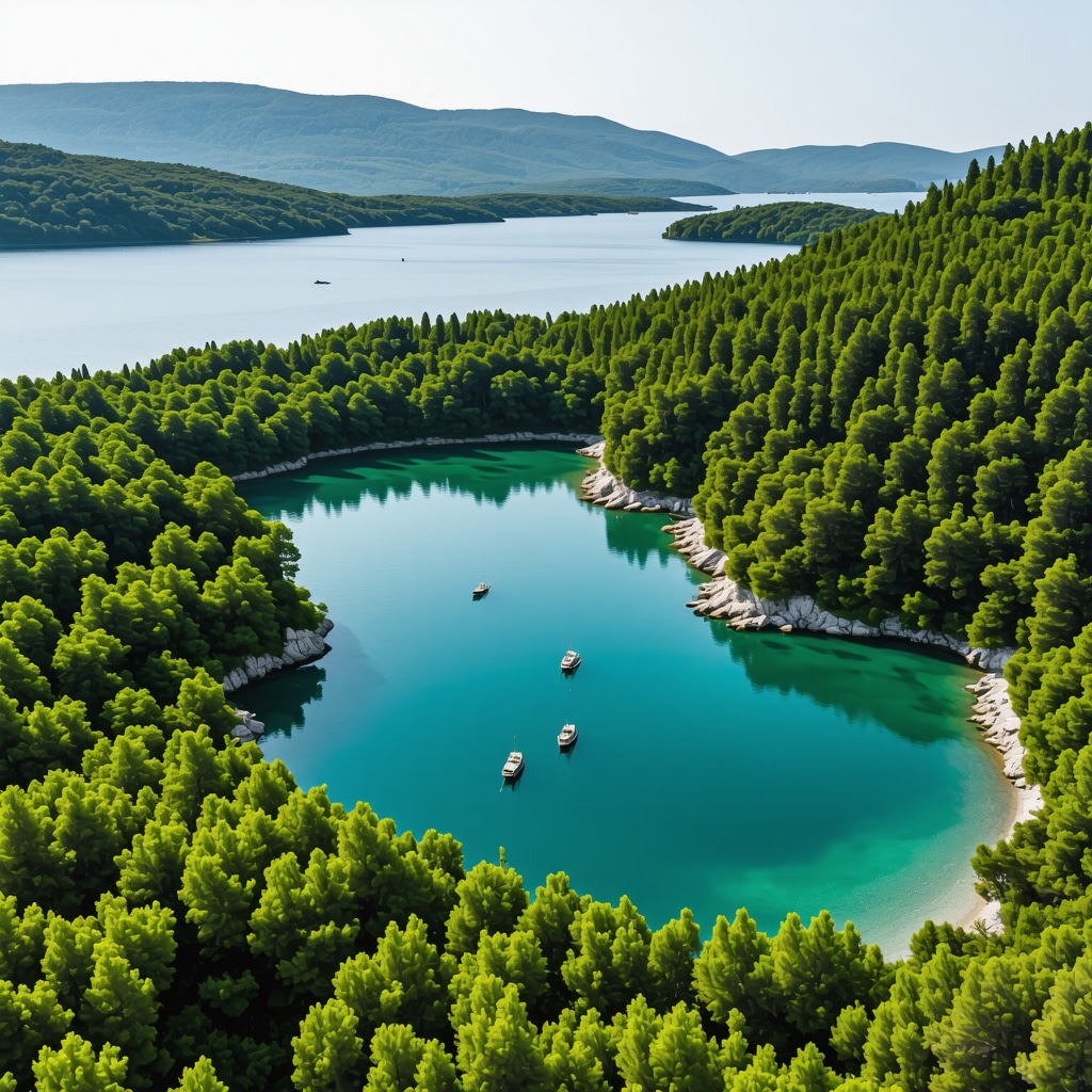 Drone shot of Mljet Island’s greenery, saltwater lakes, and eco-friendly tourism