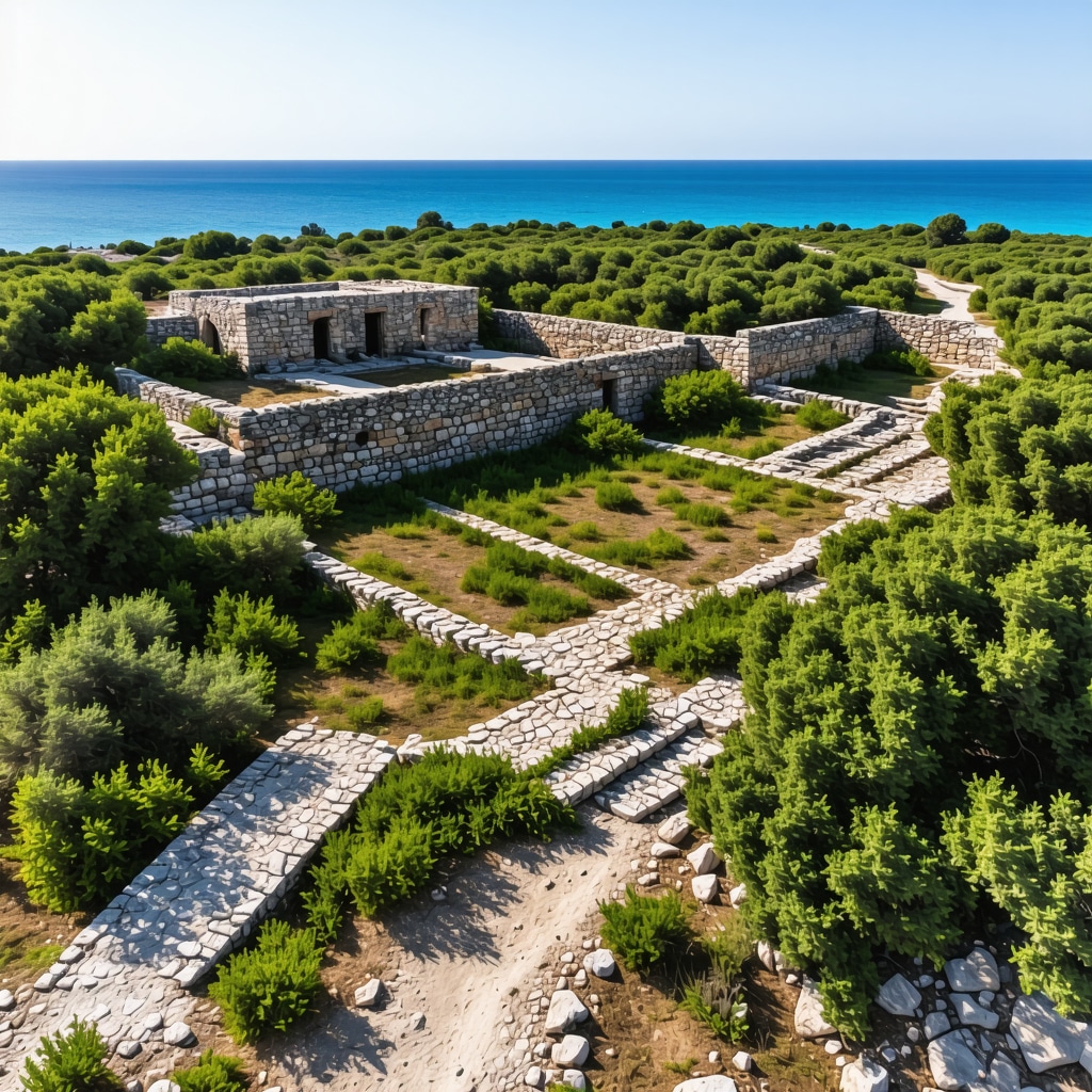 Aerial photograph showing Nin's ancient ruins surrounded by Mediterranean greenery and coastline