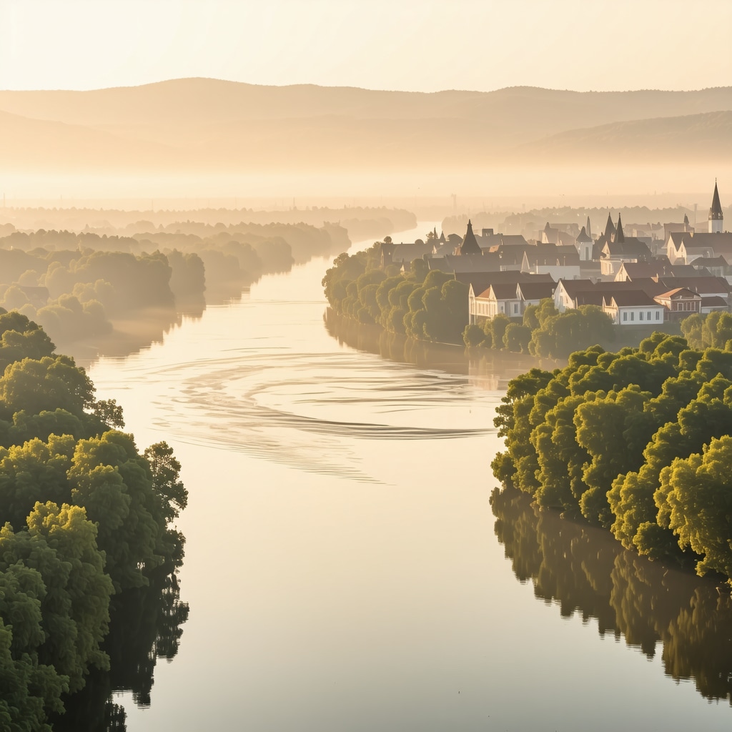 Novi Sad aerial landscape with river, forests, and historic buildings under soft morning light and mist