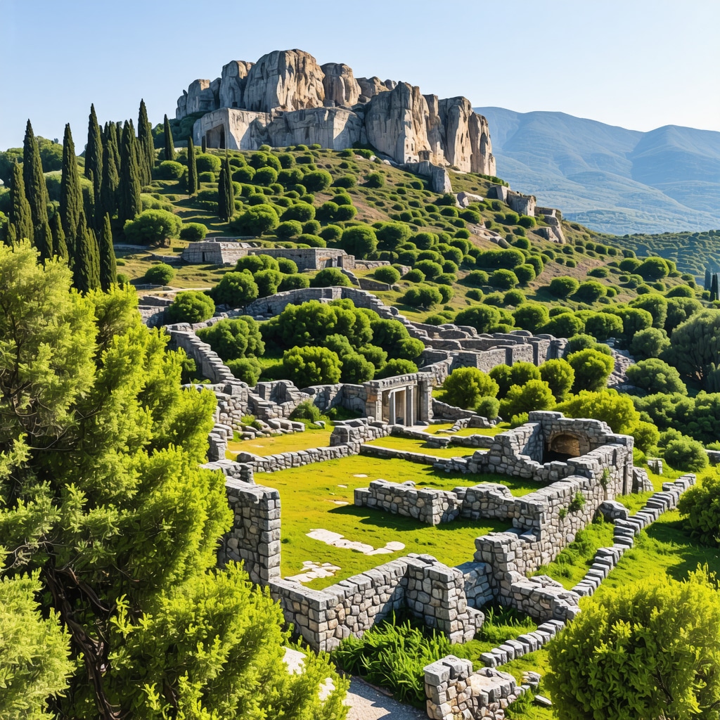 Aerial image depicting Patras ancient ruins surrounded by green forests and hiking paths