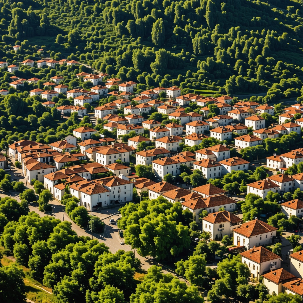 Aerial image showing Prizren's historic streets blending with green nature and sustainable tourism elements