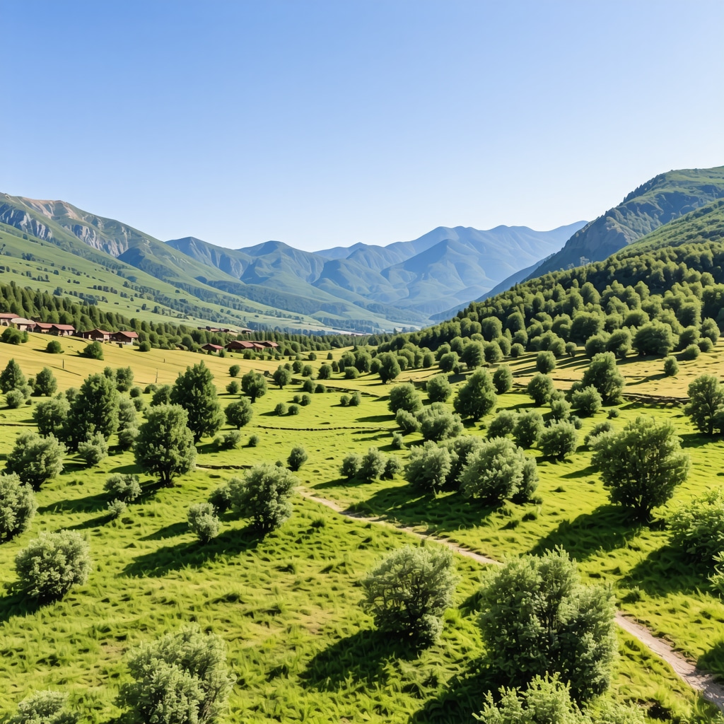 Aerial photograph showing Shar Mountains and surrounding traditional villages in Tetova region with rich flora