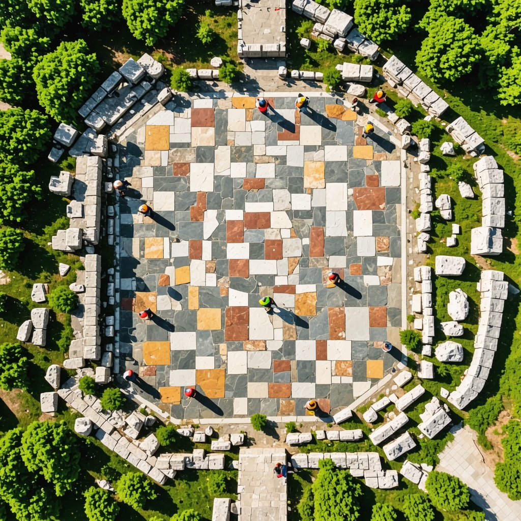 Aerial photograph showing detailed Roman mosaics of Stobi Ancient City with green trees and visitors walking nearby