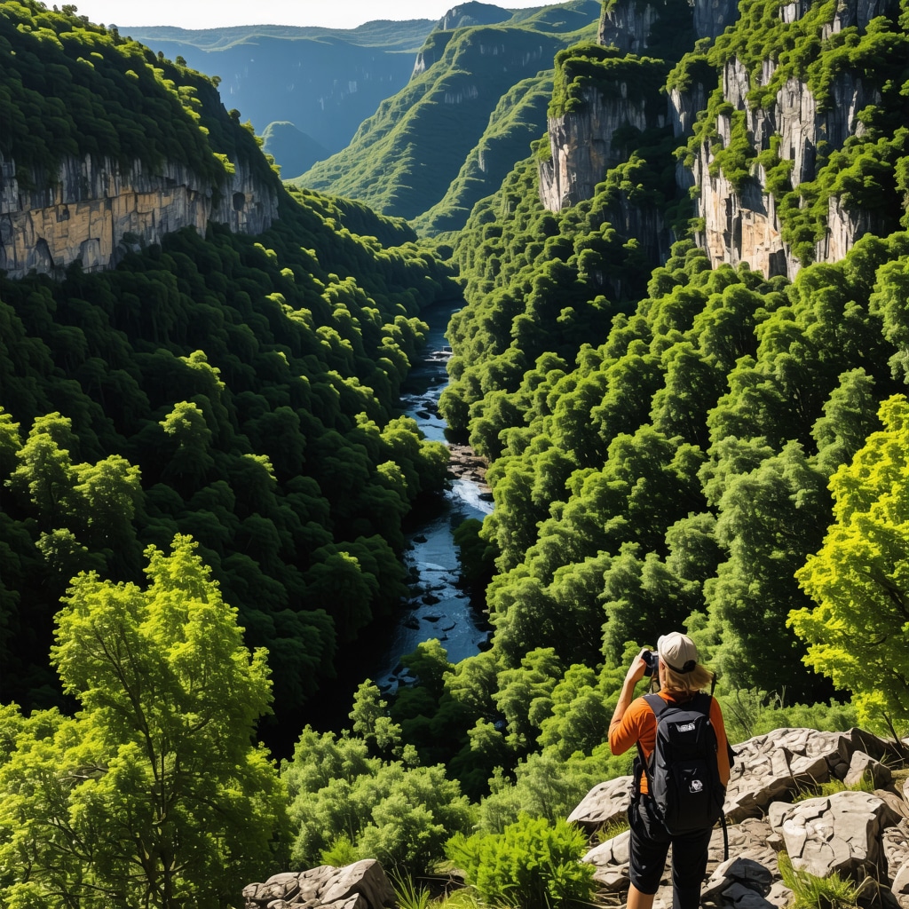 Aerial photograph showing Tara National Park's forests, river canyon, hikers, and warm sunlight during golden hour