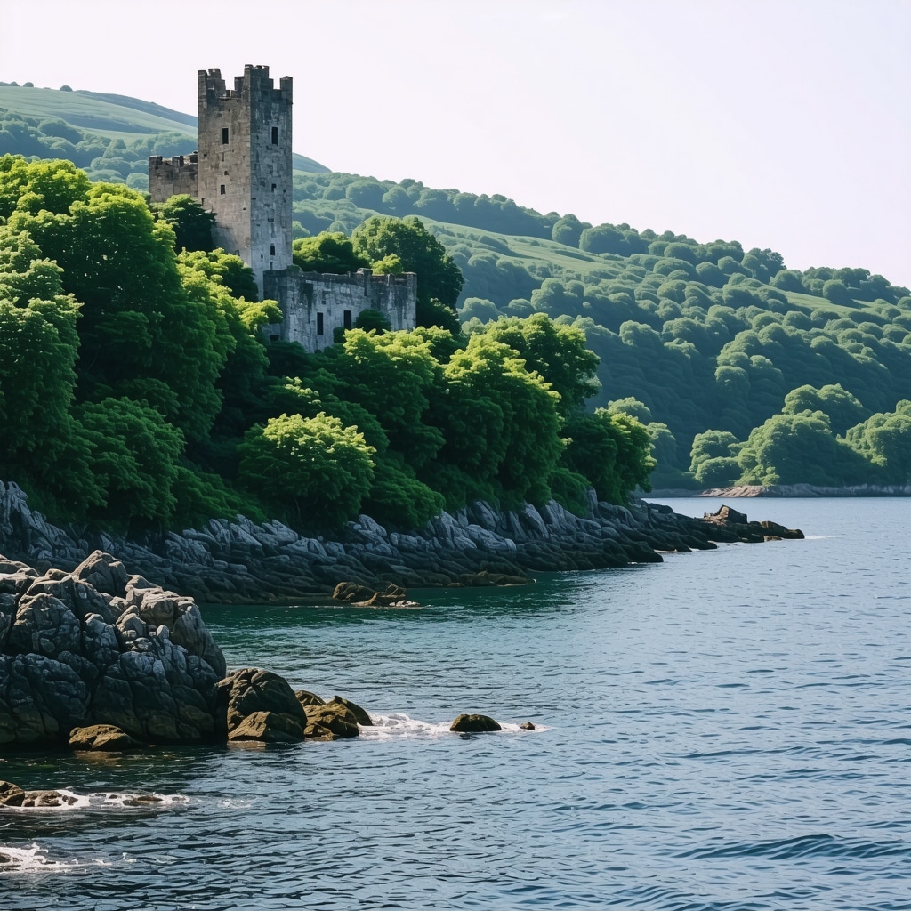 Historic castle ruins surrounded by green nature near the sea at Altın Kumlar