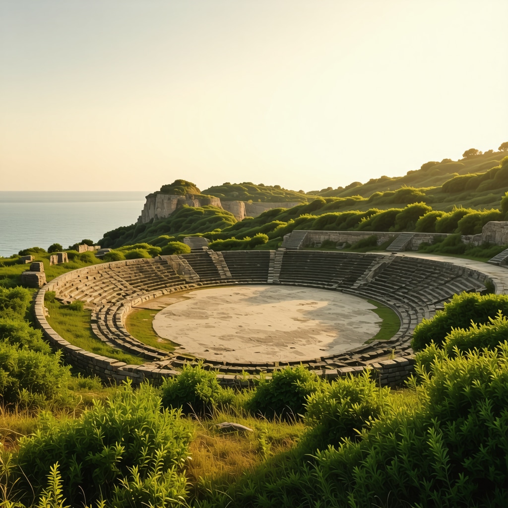 Sunset view of Pula's ancient amphitheater surrounded by greenery and sea