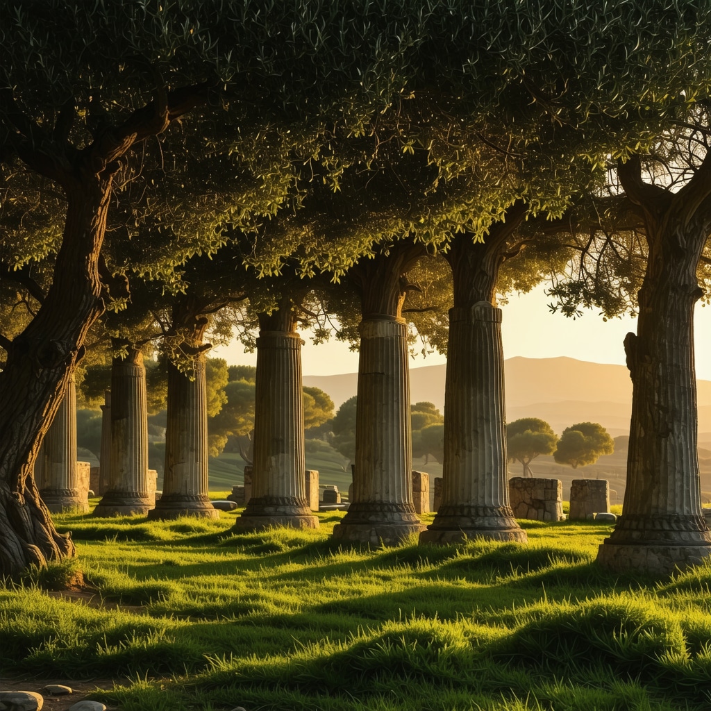 Ancient ruins of Apollonia surrounded by olive trees in natural light