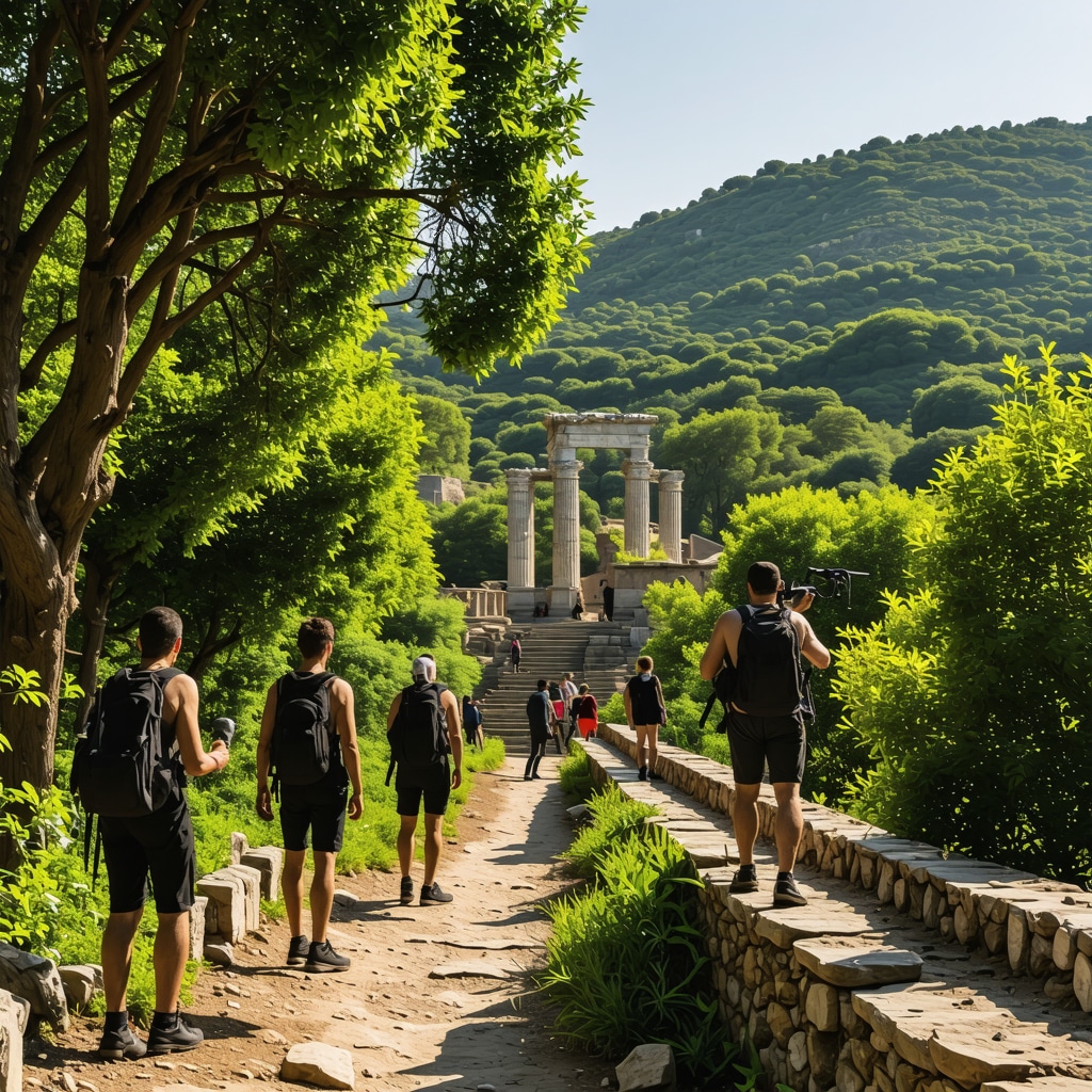 Panoramic view of Apollonia archaeological site with lush vegetation and hikers using sustainable equipment, a drone photographer capturing the scene