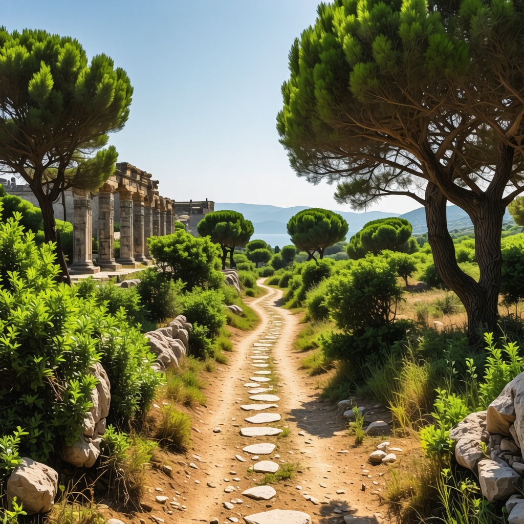 Hiking trail in Apollonia showing ancient ruins and lush green landscape with sunlight