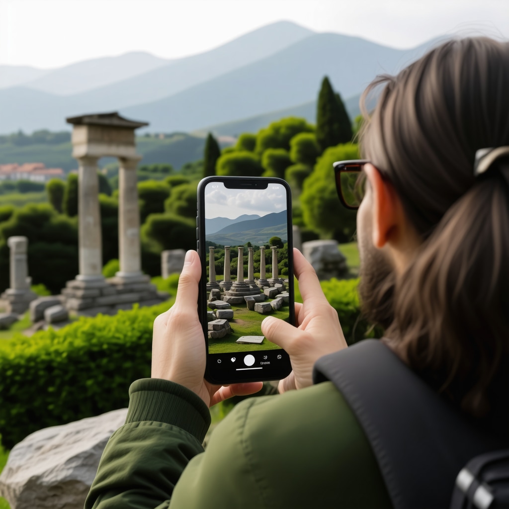 Hiker using augmented reality smartphone app to view 3D ancient ruins in Bitola surrounded by nature