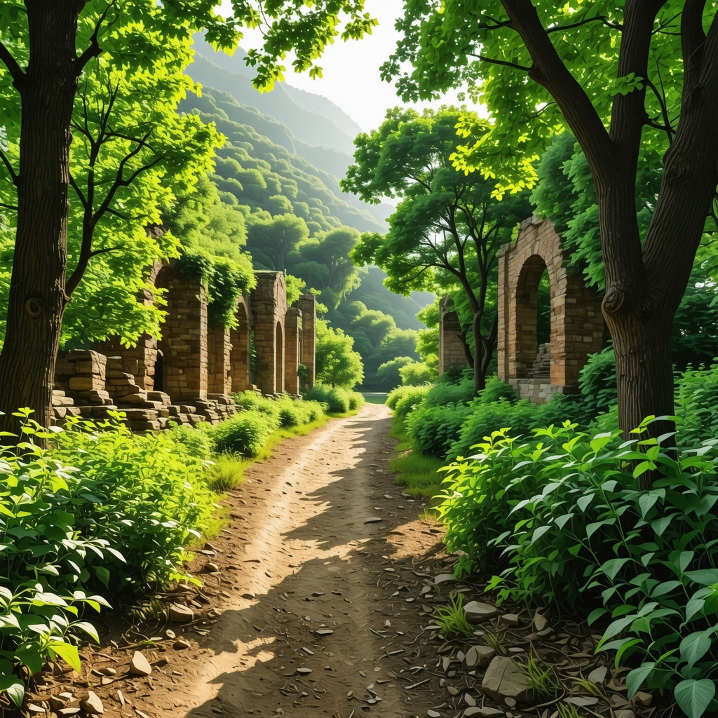 Nature trail in Pristina with augmented reality information overlays on historical ruins and green landscape