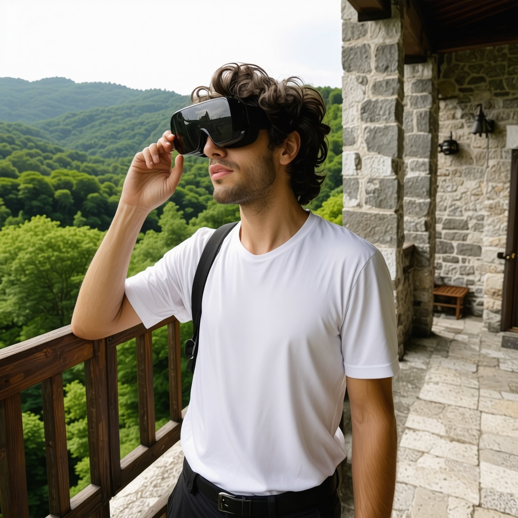 Tourist wearing augmented reality glasses exploring Cetinje Castle with green Biogradska forest in background