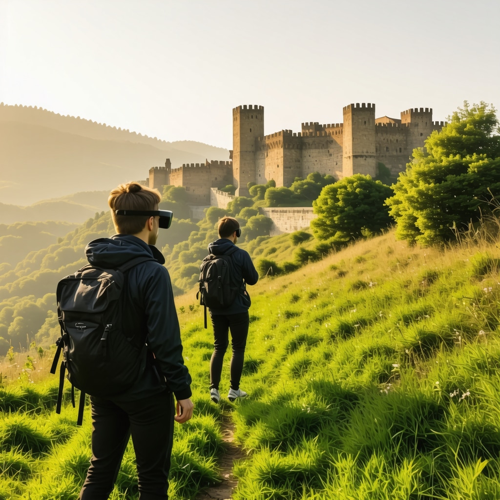 Hikers using augmented reality glasses on a green trail near Jajce Castle with historical digital projections