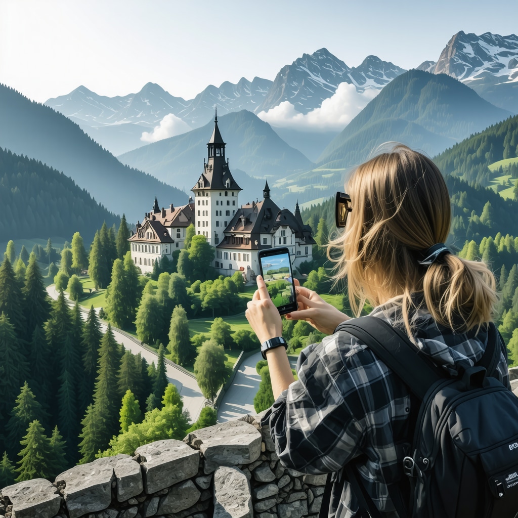 Tourist using augmented reality smartphone app to explore Peles Castle and nature trails in Sinaia with historical and ecological data overlays