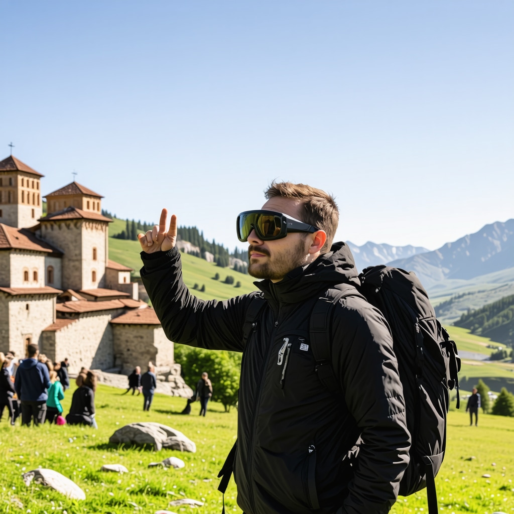 Nature guide demonstrating augmented reality technology to hikers near Rila Monastery in Rila Mountains