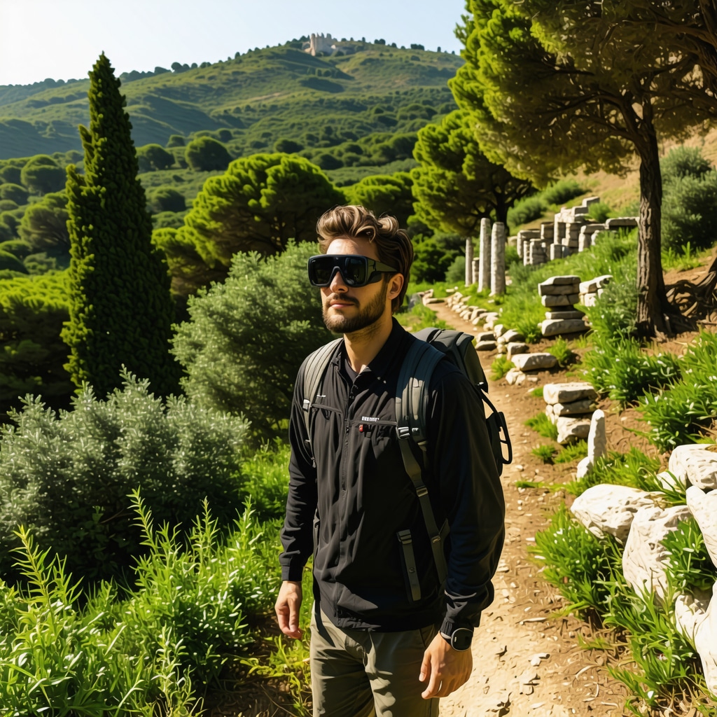 Hiker wearing augmented reality glasses on a forest trail in Athens seeing digital overlays of ancient ruins
