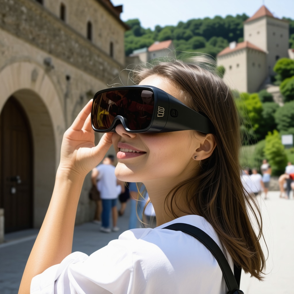 Tourist wearing augmented reality glasses exploring Ljubljana Castle with digital historical overlays in a green natural setting