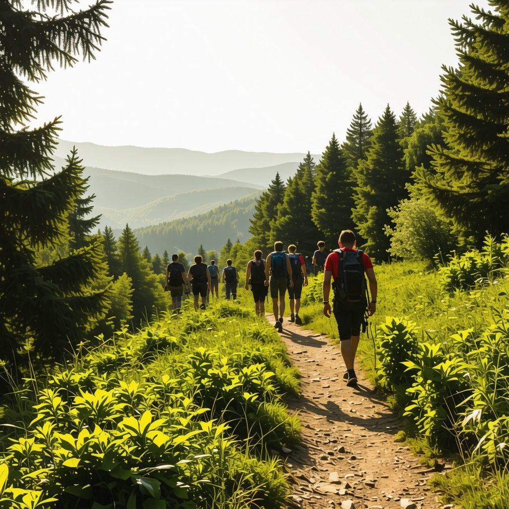 Hikers walking through diverse forest trails on Avala Mountain in Belgrade, showcasing rich biodiversity