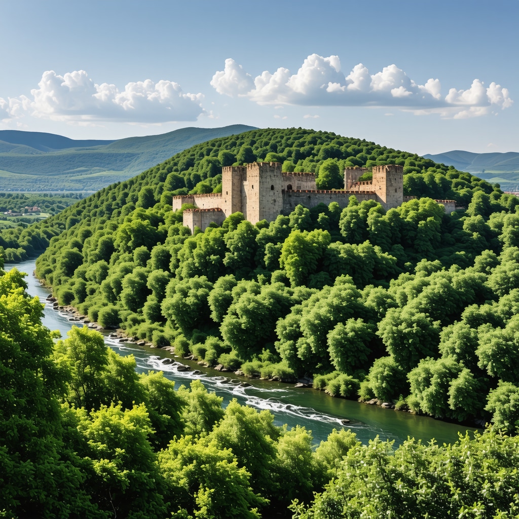 Panoramic view of Kastel Fortress in Banja Luka surrounded by lush green landscape and Vrbas River