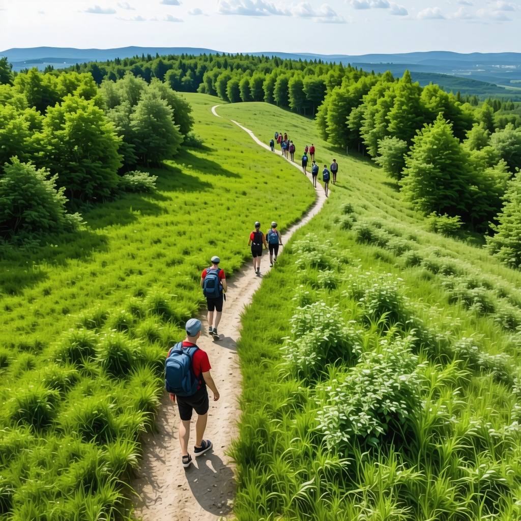 Hikers on Avala Mountain trails using augmented reality devices surrounded by lush forest and historical landmarks