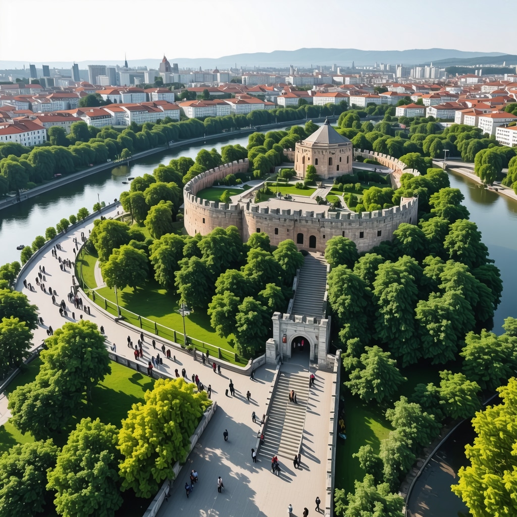 Kalemegdan Kalesi çevresinde parklar ve nehirler ile turistlerin artırılmış gerçeklik teknolojisi kullanarak tur yaptığı Belgrad manzarası