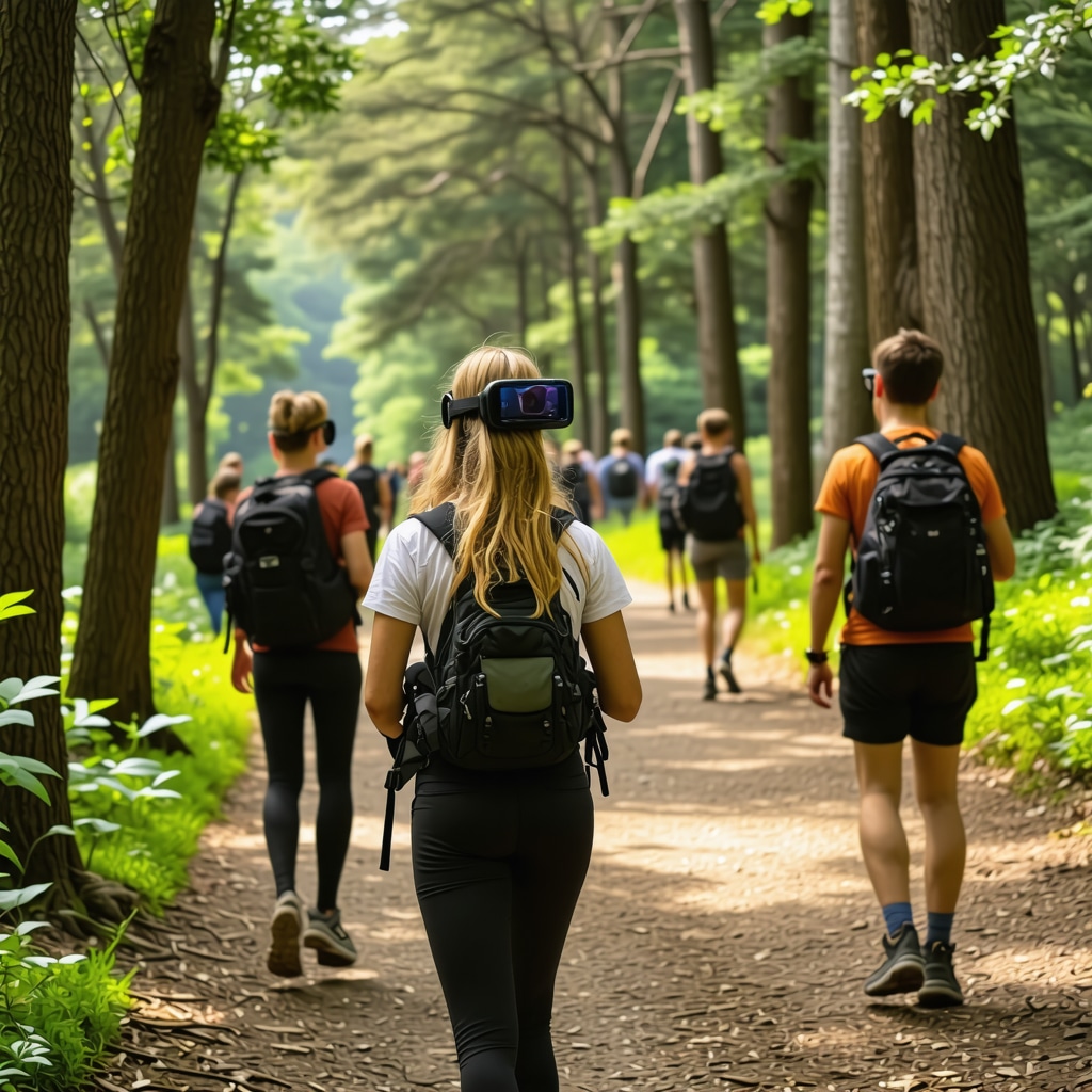 Hikers with AR glasses and GPS on a Belgrade nature trail surrounded by forest and historical ruins
