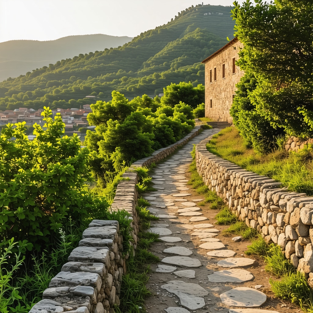 Hiking trail in Berat featuring historic stone houses and Berat Castle in the background at sunset
