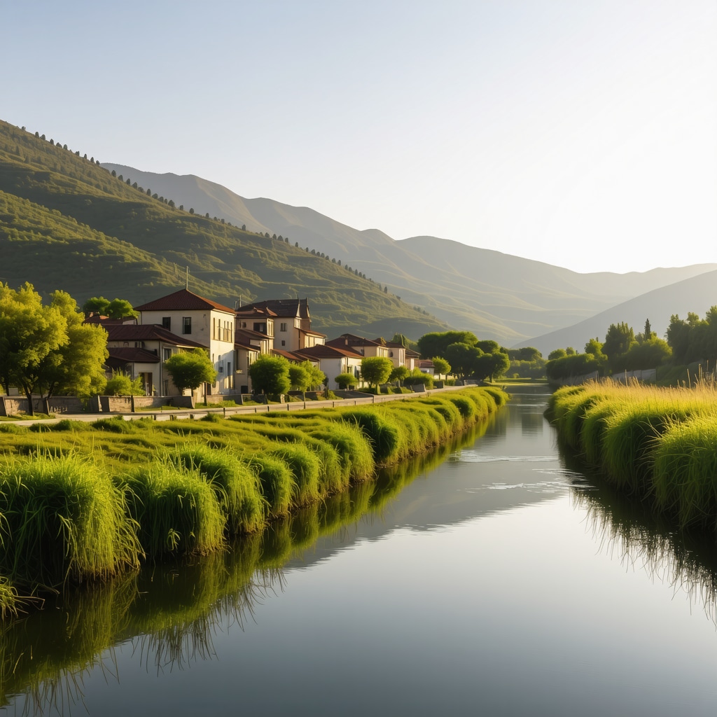 Panoramic sunrise view of Berat with Ottoman houses and lush green hills