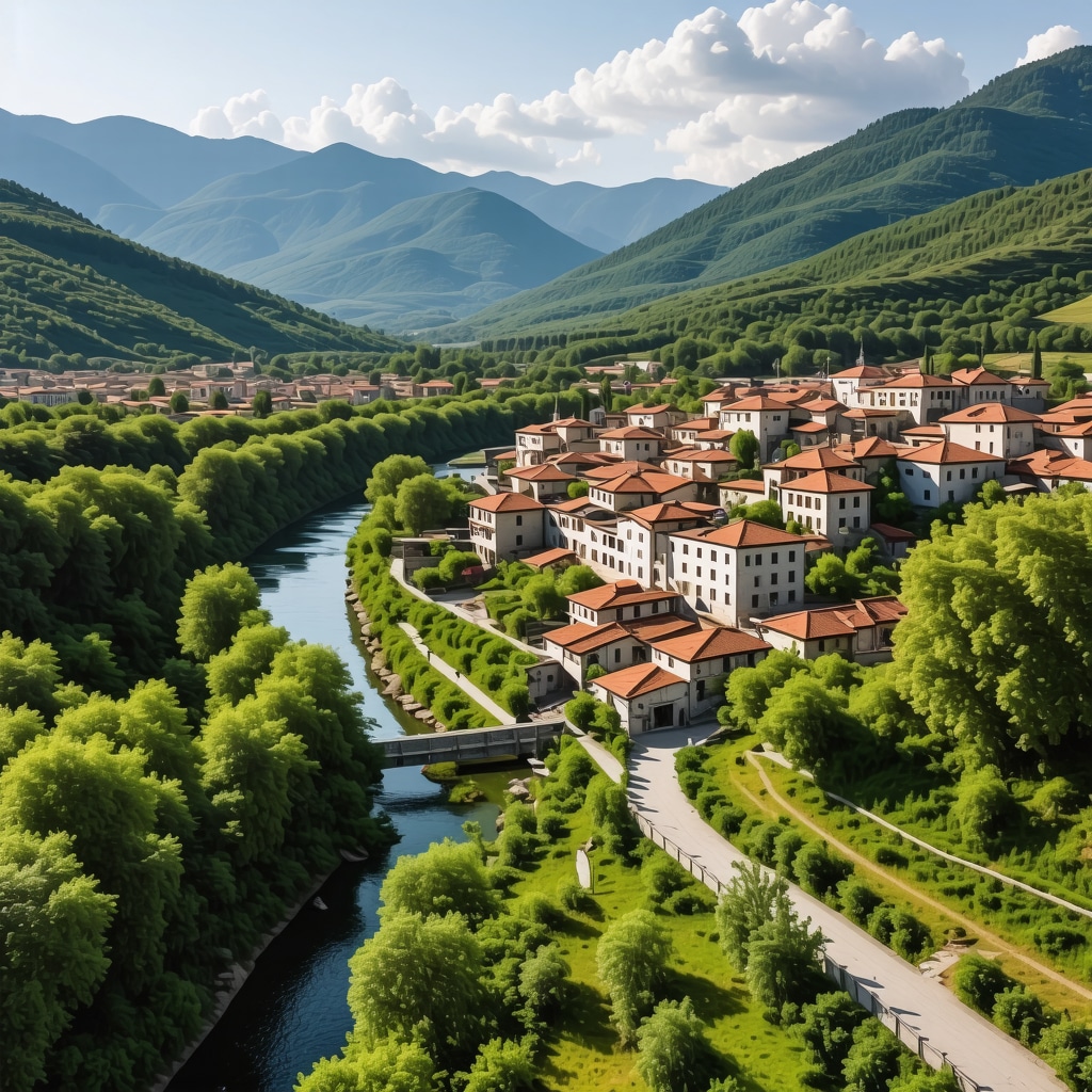 Aerial shot of Berat city with Ottoman houses, green mountainous background, Osum River, and visible eco-tourism infrastructure